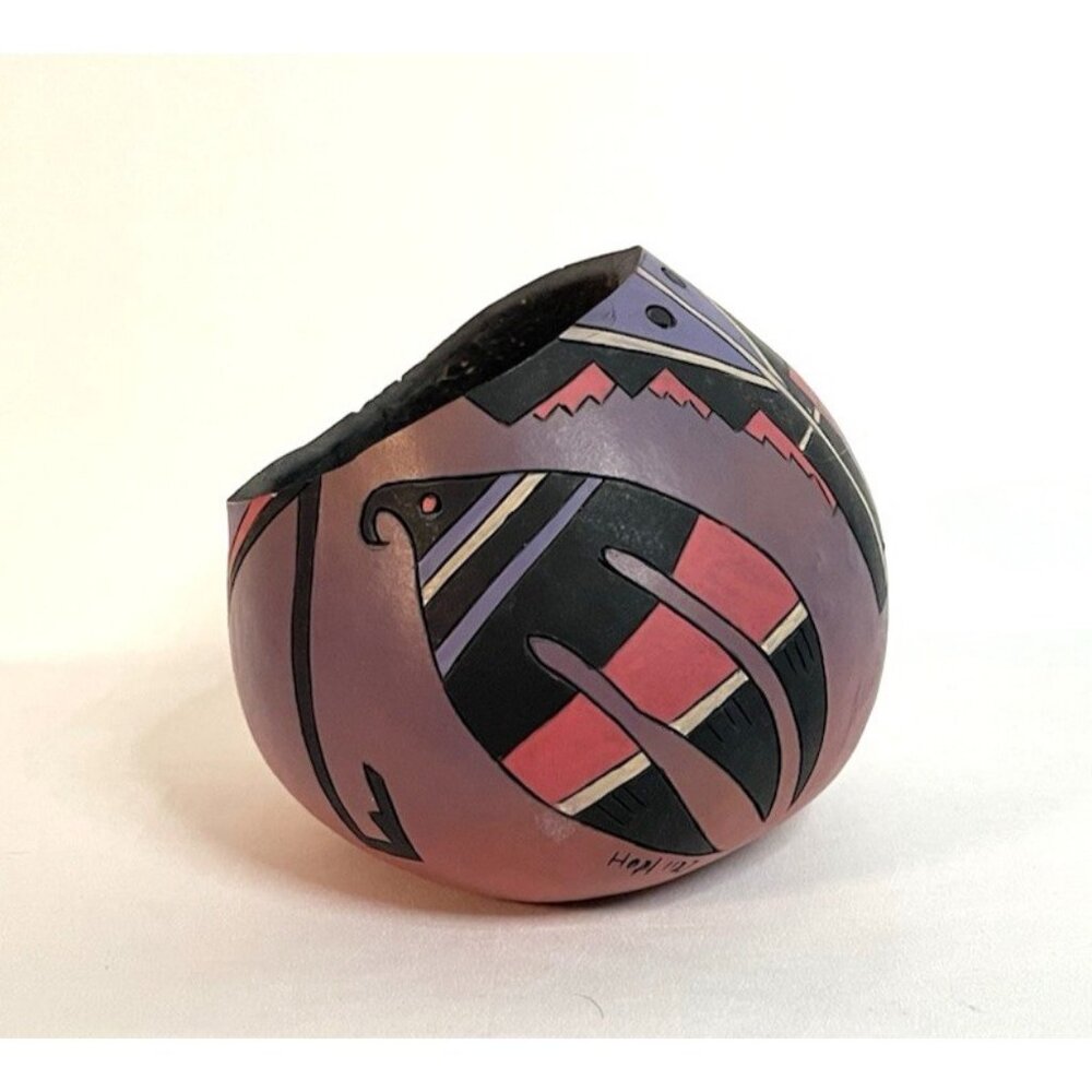 Vintage Hopi Painted Gourd Signed NDziat Abstract Bird Design Native American